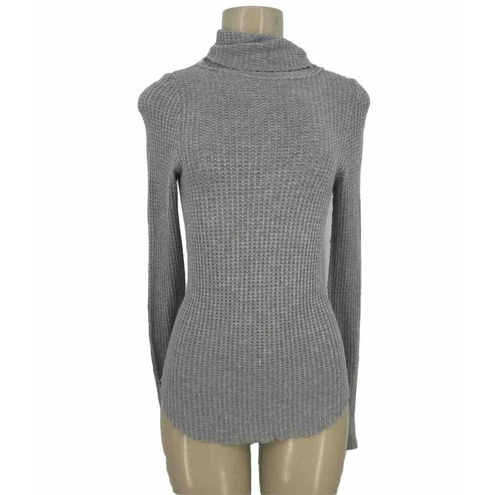 NSF Women Small Turtleneck Shirt Waffle Knit High Low Hem Raw Edge Gray G15v